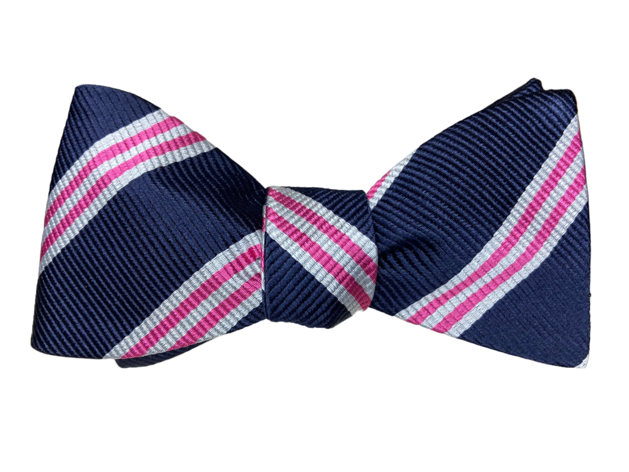 navy blue pink and silver striped jacquard silk self tie bow tie