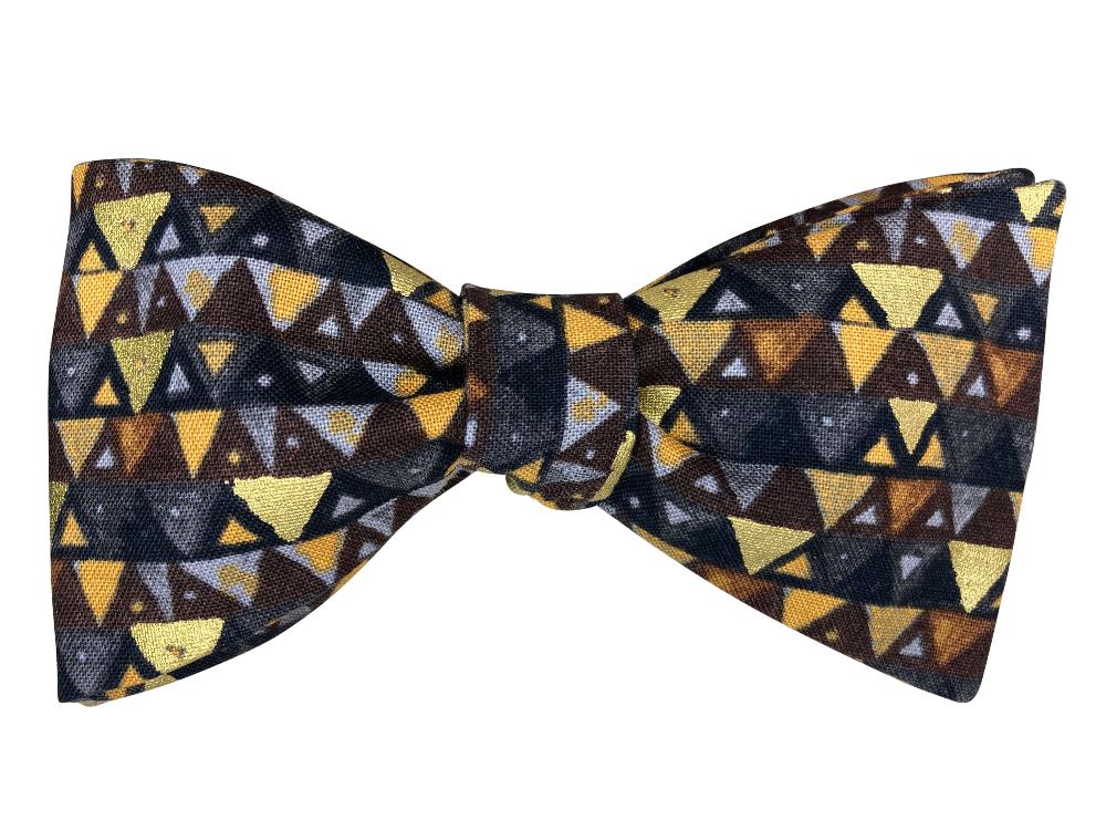 black brown and gold triangles self tie bow tie inspired by gustav klimt