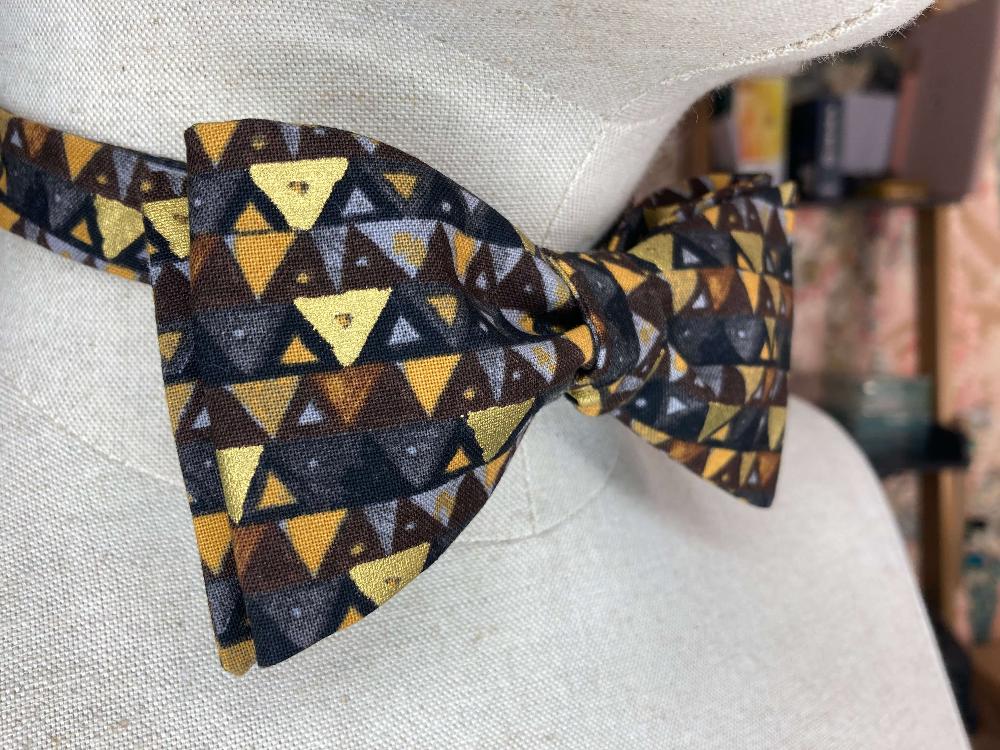 black brown and gold triangles self tie bow tie inspired by gustav klimt