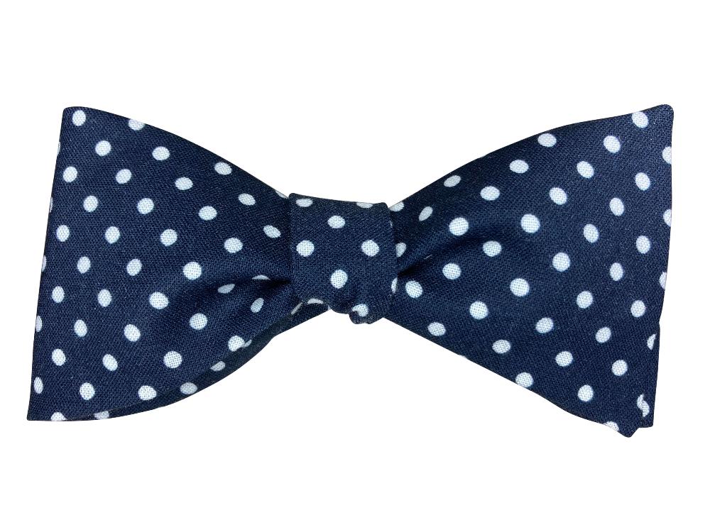 Dark navy blue with white polka dots self tie bow tie