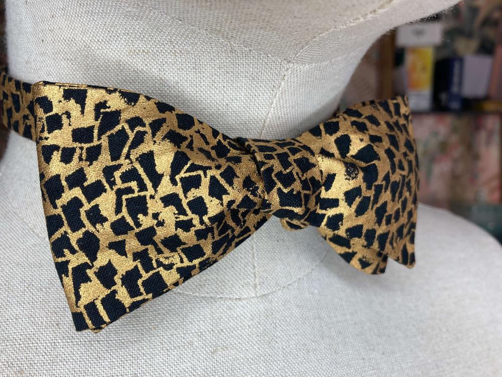 metallic gold and black self tie bow tie inspired by Gustav Klimt