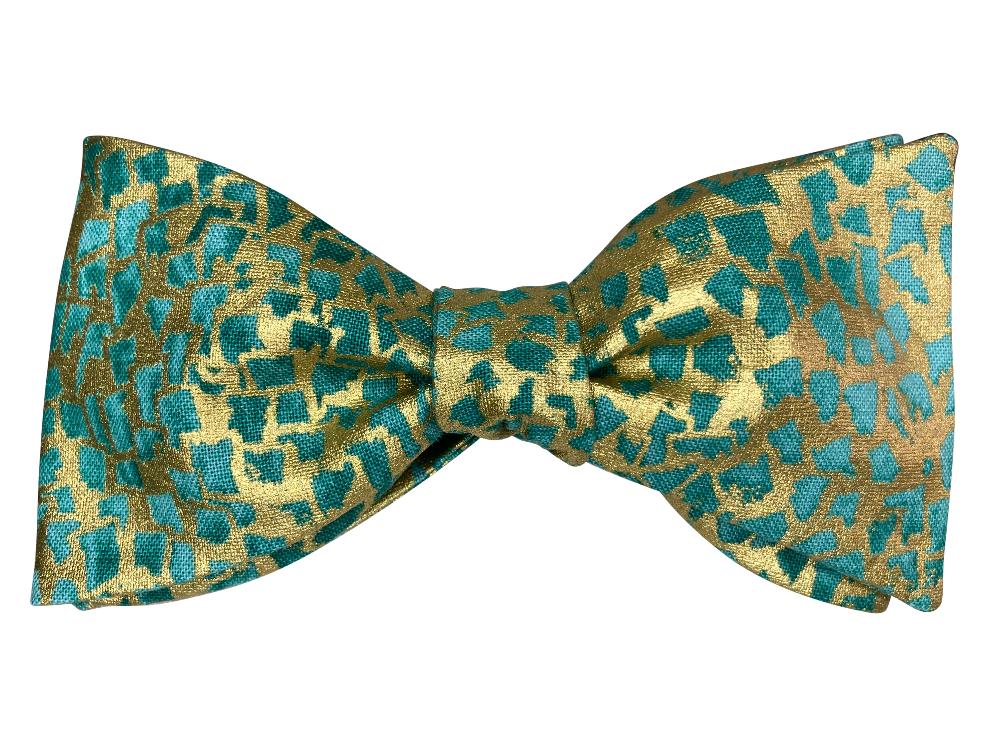 metallic gold and turquoise self tie bow tie inspired by gustav klimt