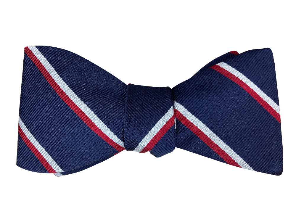 navy blue red and white striped jacquard silk self tie bow tie