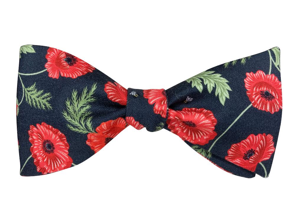 black and red poppies self tie bow tie with tiny buzzing bees