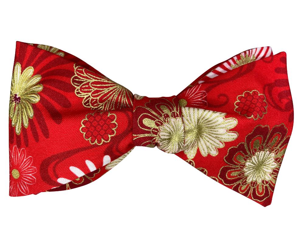 red and gold floral self tie bow tie