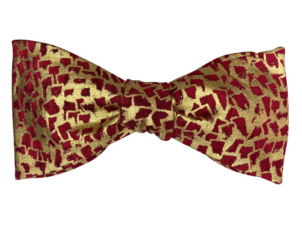 red and metallic gold self tie bow tie inspired by gustav klimt