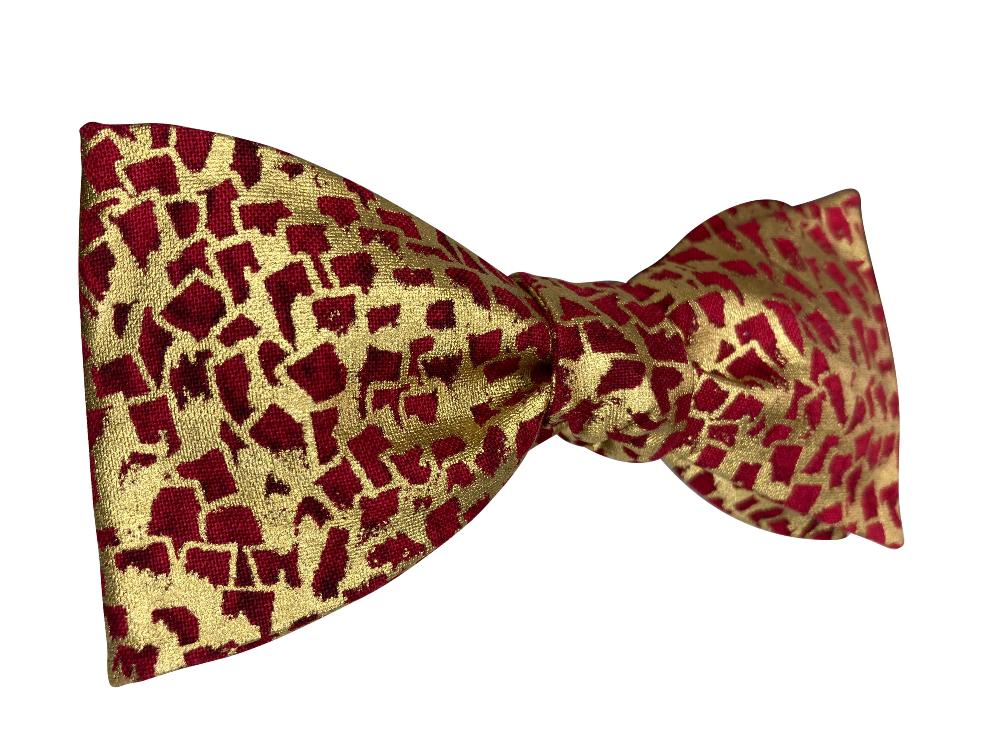 red and metallic gold self tie bow tie inspired by gustav klimt