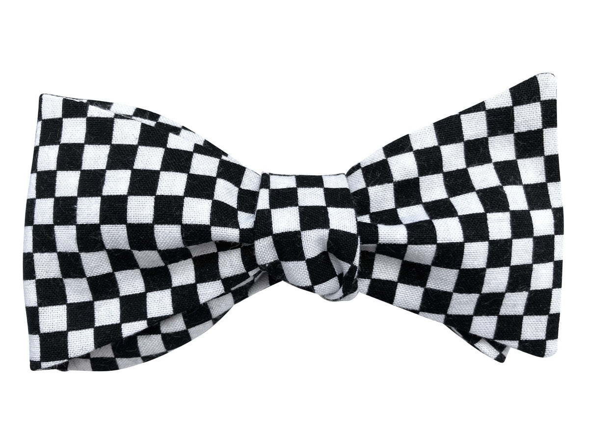 black and white chequerboard bow tie